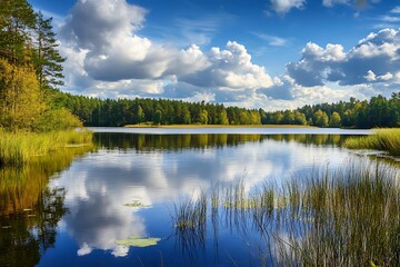 Fototapeta premium Tranquil Lake Landscape with Lush Greenery, Blue Sky, and Fluffy Clouds Reflecting in the Water