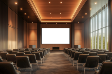 Elegant auditorium with blank presentation screen, chairs, and modern lighting setup for business, corporate events, and educational presentations. 