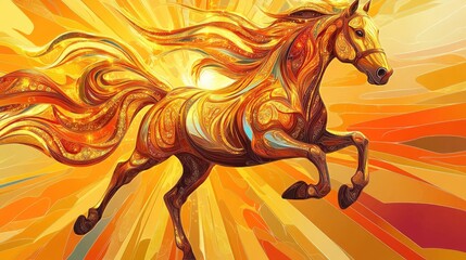 Stunning golden horse in full stride, vector art illustration with intricate flowing mane, set against a vibrant colorful jewelry rays backdrop