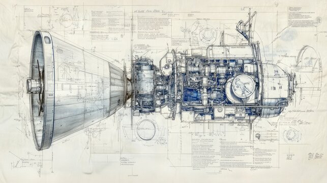 Detailed technical drawing of a spacecraft engine on a blueprint background.