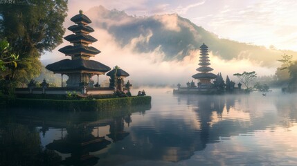 Japanese temple in the middle of a lake at sunset