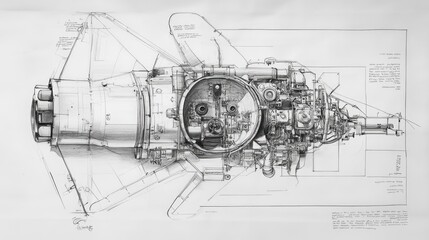 Detailed technical drawing of a rocket engine with exposed internal components.