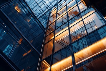 Obraz premium Modern office building with glass facade and warm lighting