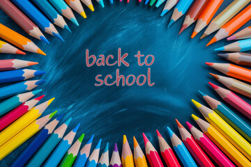 Colorful, vibrant pencils arranged in circle with back to school text on blue background, school supplies, study concept