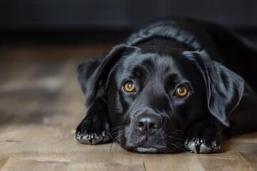 Close up of a Black Labrador Retriever with amber eyes looking directly at the camera