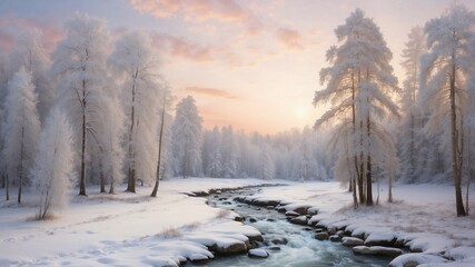 Beautiful nature scene with winter forest, trees, snow and river