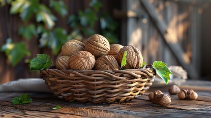 Walnuts in a Wicker Basket on a Rustic Wooden Table