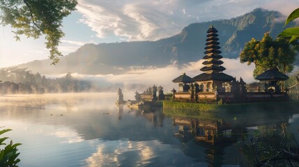 Japanese temple in the middle of a lake at sunset