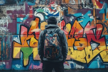 Cool looking hooligan in a graffiti painted gateway