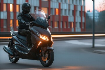 Black motorcycle with large windshield and black seat, positioned in center of frame. Rider grips handlebars, riding through city. Urban landscape with buildings and street lamp in background.