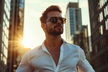 Obraz premium Stylish hipster model poses in urban setting at sunset.