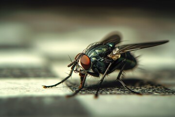Close-up of fly on chequered texture with blurred background. Macro shot of insect body, wings, and legs on grid pattern. Detailed image of fly features, including its eyes, antennae, and mouthparts.