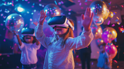 Children immersed in a virtual reality experience during a futuristic party, wearing VR headsets, surrounded by vibrant lights and playful decor.