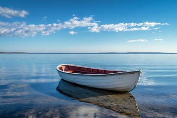 Naklejka premium Small white rowboat on calm blue lake under clear sky with clouds