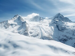 Obraz premium Snowy mountain peaks rise to sharp summit under bright blue sky in Swiss Alps. Majestic rock formations, snow-capped hills, and rolling stone ground. Breathtaking view of Switzerland natural beauty.