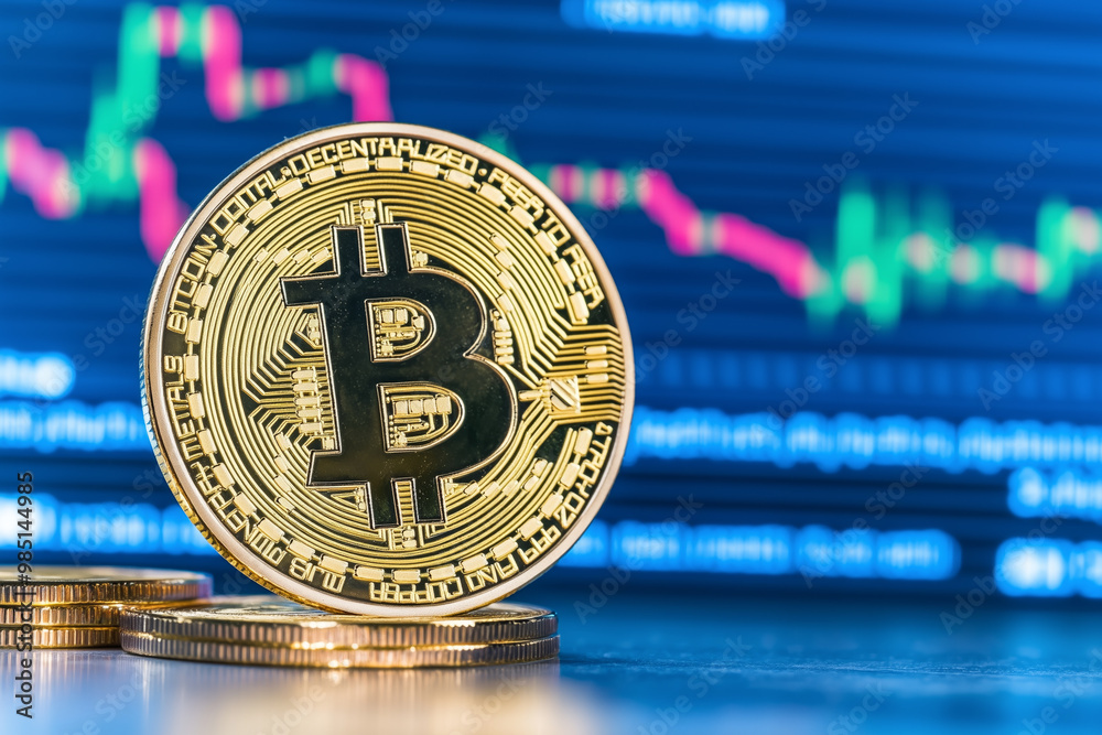 Wall mural close-up of a bitcoin coin in front of a fluctuating stock market chart, symbolizing cryptocurrency 