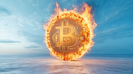 Fiery Bitcoin symbol floating over the ocean, representing cryptocurrency volatility, financial risk, and the intense crypto market environment