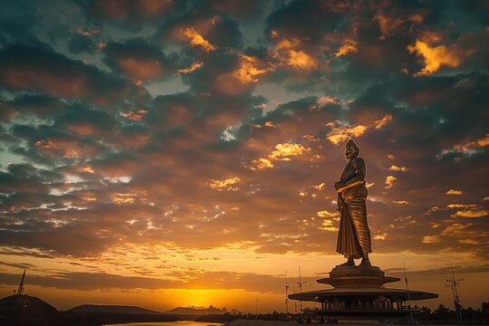 Tallest statue of Unity in India stands against cloudy sky at sunset. Indian monument symbolizes oneness. Stone sculpture of man in traditional Gujarati attire, amidst grey clouds and warm light.