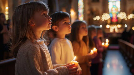 Children holding candles during a Christmas Eve church service, surrounded by warm candlelight, capturing the peaceful and reverent holiday atmosphere.