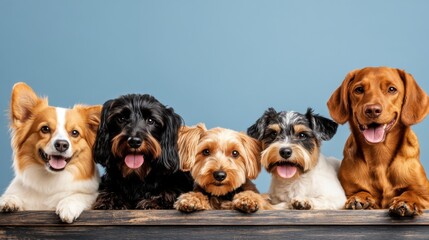 Adorable Dogs with Happy Expressions Against Blue Background