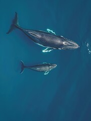 Naklejka premium Aerial top view of a whale and its baby swimming in deep blue seawater. Mother whale and calf swim together in ocean. Humpback whales in natural habitat. Tropical marine life scene.