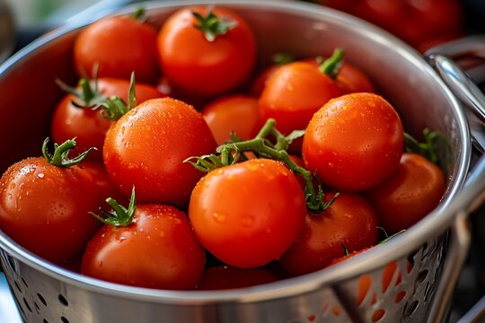 Fresh, ripe tomatoes in a metal colander