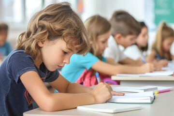Fototapeta premium Children homework at school. African American boy, Caucasian girl study at desk. Elementary school students work together, learn, develop communication skills. Educational setting with laptop, book,
