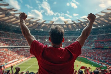 Vibrant scene at a soccer stadium captures the joy of fans cheering on their team. A man in red raises his arms high as spectators fill the stands with excitement and energy.