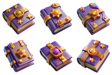 PNG spell book 3d collection, in cartoon style minimal on transparent, white background, isolate