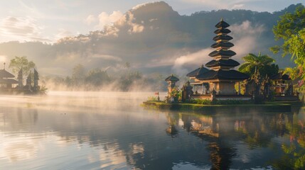 Japanese temple in the middle of a lake at sunset