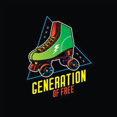 Stylish roller skates on the background of a text composition. Original vector retro emblem. T-shirt design