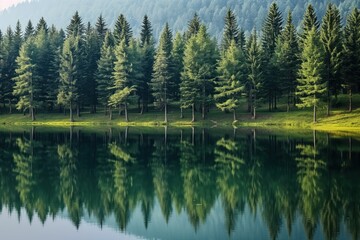 Pine trees reflected in calm lake water surrounded by lush forest. Winding path leads to tranquil scene. Misty morning atmosphere creates serene rural landscape. Green trees stand tall on lake edge.