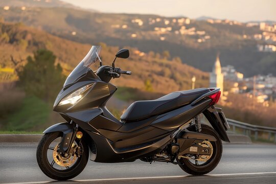 Black scooter parked on road with green hill background and blue sky. License plate visible with number GK-12. PCX 125ccm scooter parked on asphalt road near green hill.