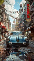 Fototapeta premium Vintage Car Parked in a Retro City Street