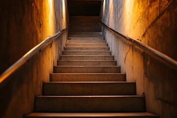 Mysterious concrete stairs leading down into darkness with warm light at the top, concept of mystery and intrigue