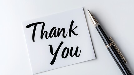 Clean, minimalist composition of a simple handwritten "Thank You" note on a white table, the sharpness of the text and paper brought into focus using focus stacking techniques
