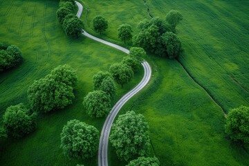 Aerial shot of a winding road in a lush green field surrounded by tall trees. Green grass and trees stretch towards the horizon. A serene landscape with a beautiful environment.