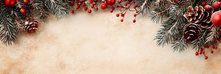 Horizontal banner Vintage New Year card background template with empty space for design. Garland made from Christmas tree branches