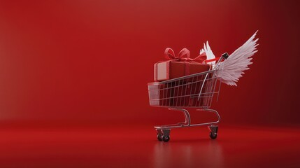 A shopping cart with white wings and gift boxes on a red background.