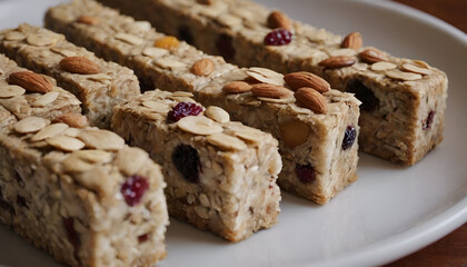closeup of granola bars with almonds, nuts, and dried fruit