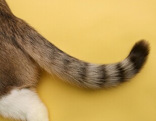 close-up of a cat's tail on a yellow background, creating a cheerful and attractive atmosphere.