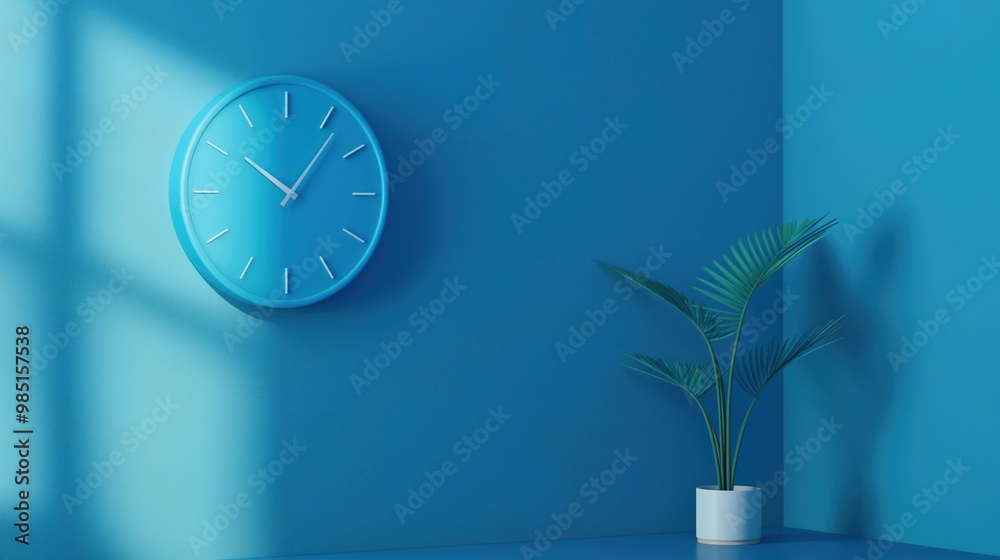 Poster blue clock on blue wall in 3d render. round timepiece on modern background with shadow. colourful gr