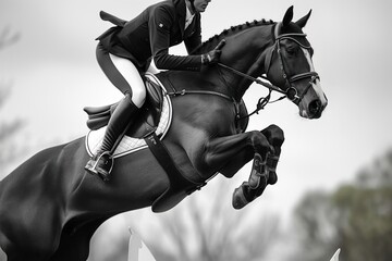 Horse and rider in mid-air over high jumping obstacle. Equestrian sport action photo. Horseback rider in motion on horseback, horse jumping over hurdle.