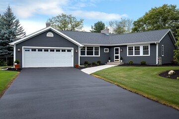 Fototapeta premium Gray suburban house with white asphalt driveway. Single-story residence with wide front entrance. Bare tree stands on the lawn. Exterior architecture features a simple design.