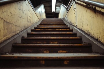 Old wooden stairs leading up in dark tunnel, grunge urban abstract background, perspective