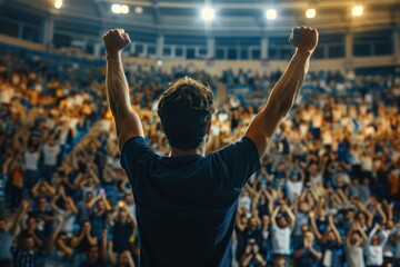 Vibrant scene at sports event captures man in navy blue shirt raising his arms in celebration amidst cheering fans in large stadium. Atmosphere is electric as crowd focuses on central figure.