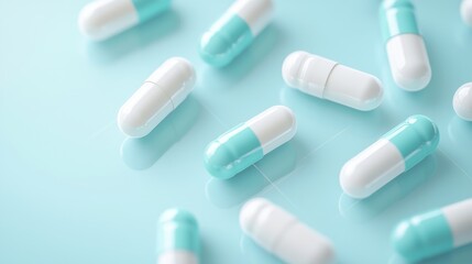 Medicine capsules on glass surface, space for text, 3D illustration copy space for text and logo