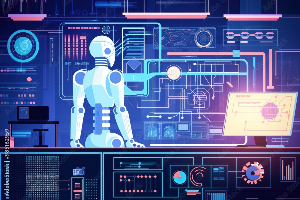 Poster modern technology concept with machine learning. brain-like neural network connects humans, computer