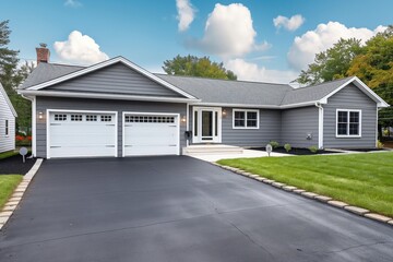 Gray suburban house with white asphalt driveway. Wide front yard with bare tree. Balcony attached to house. Exterior view of residence with grey wall. Property in suburban area with investment