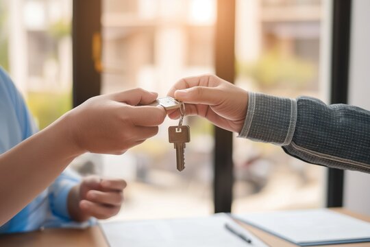 Hand of realtor holding key to new home or apartment. Businessman shaking hands with landlord after successful purchase agreement. Approval and assurance for financial deal.